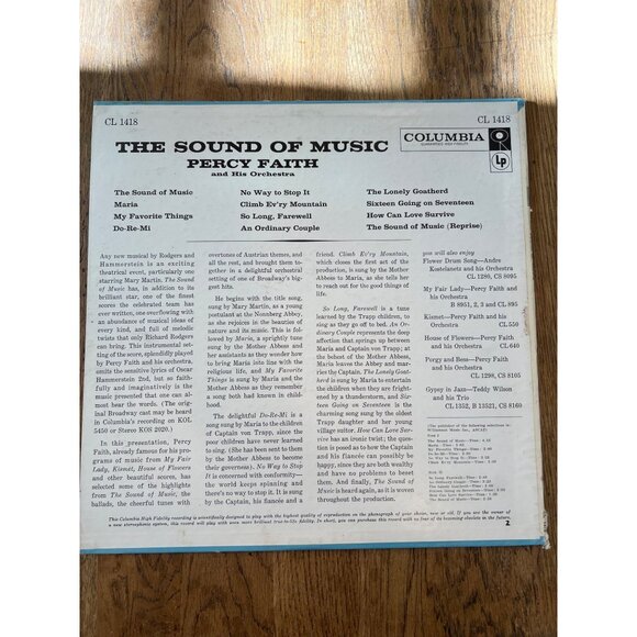 The Sound Of Music Percy Faith & His Orchestra Vinyl Record CL 1418 Album - Picture 5 of 5